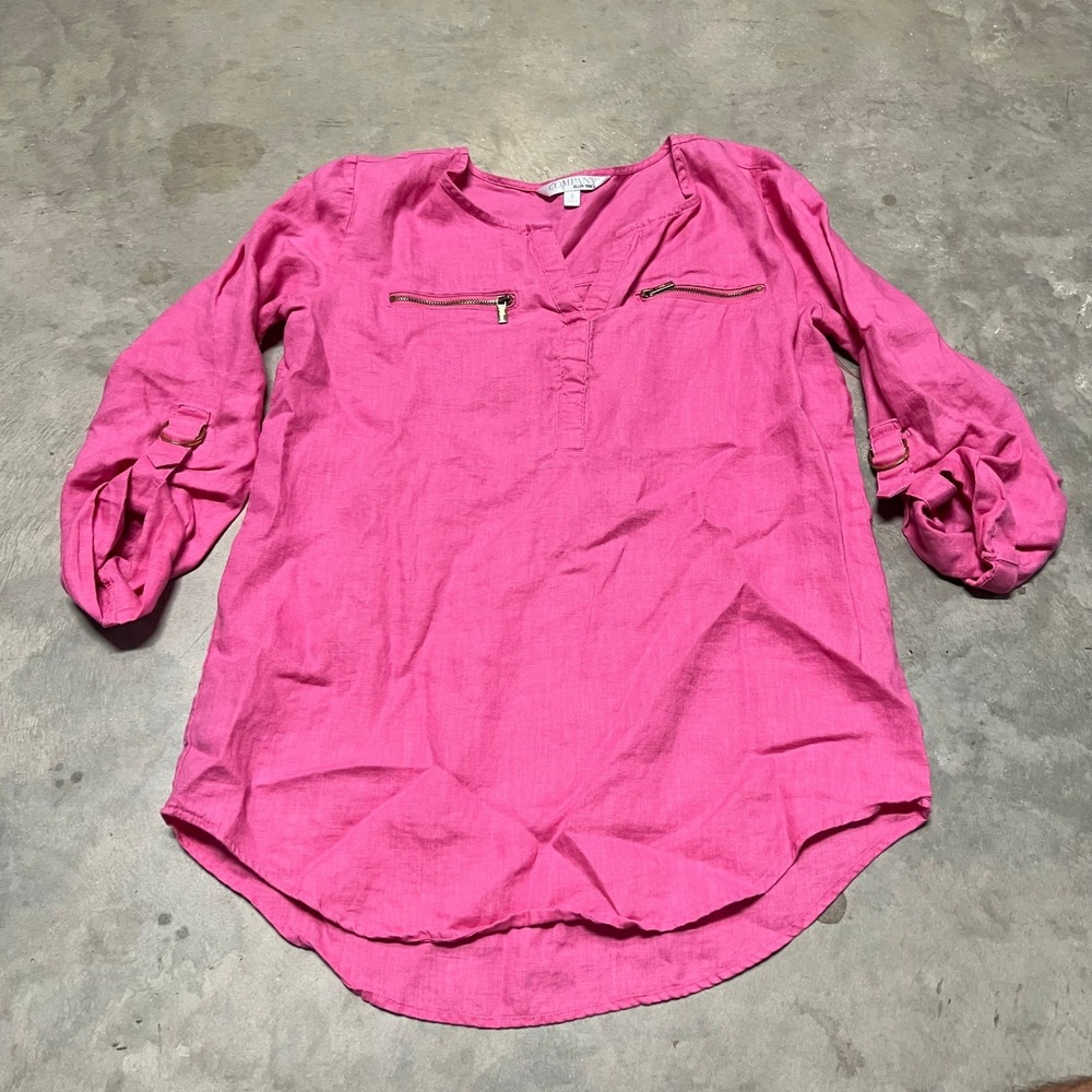 Company Ellen Tracy Peony Pink 100% Linen Tunic Top Zip Pockets Womens Small